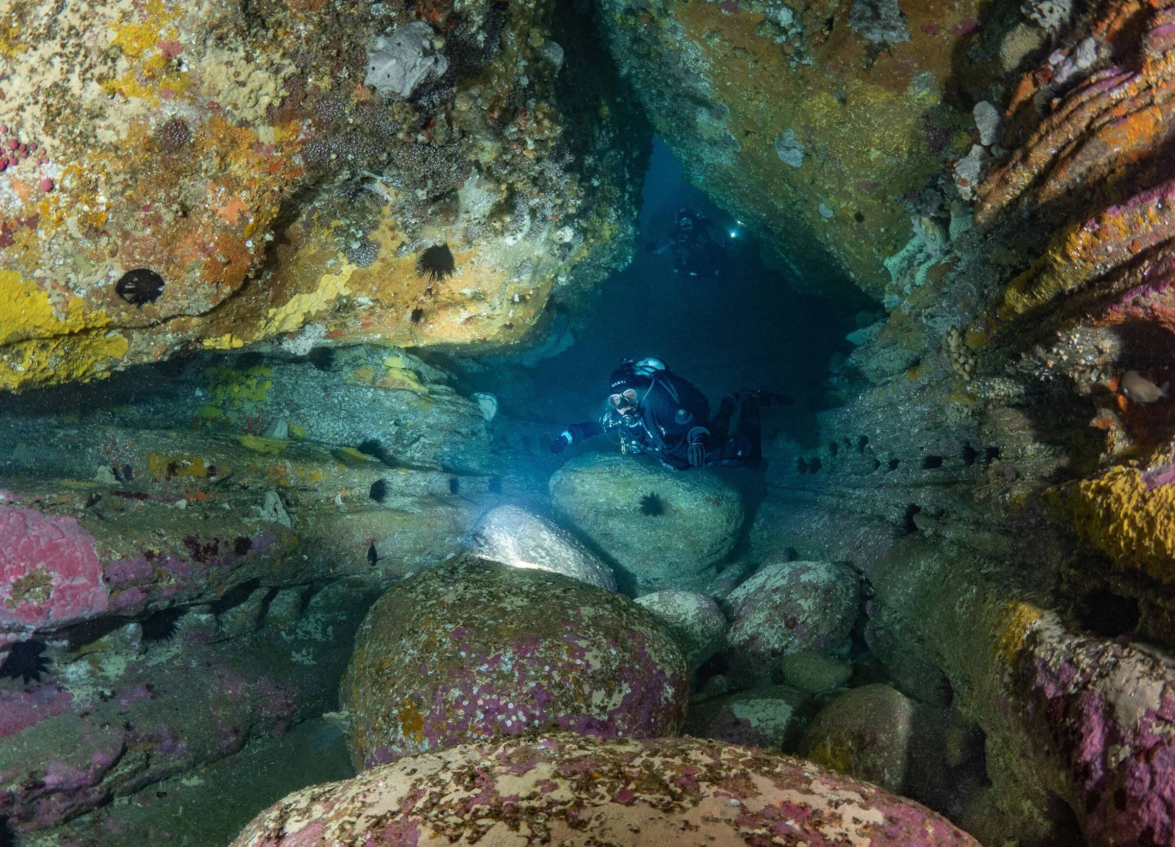 Divers in the Cathedral swim-through at North Bondi, Sydney